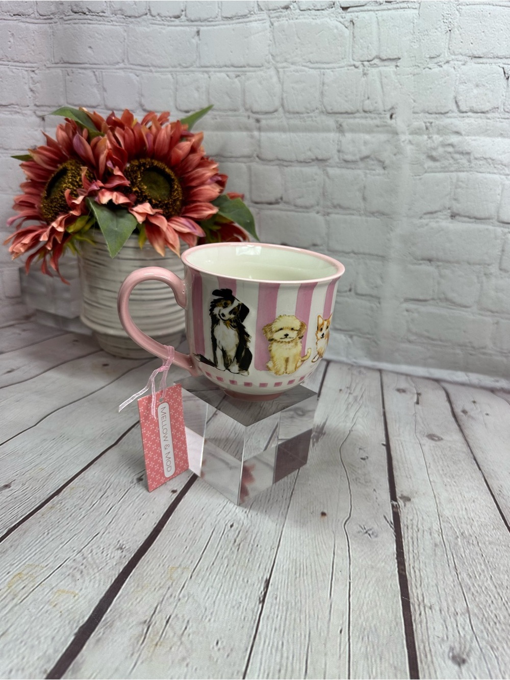 NWT mellow & mod Pink Striped Dog Trio Ceramic mug corgi doodle sheltie feminine